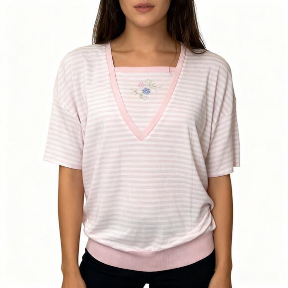 Karen Scott Pink Striped Embroidered V-Neck Short Sleeve Top Size L [0317] - Picture 2 of 10